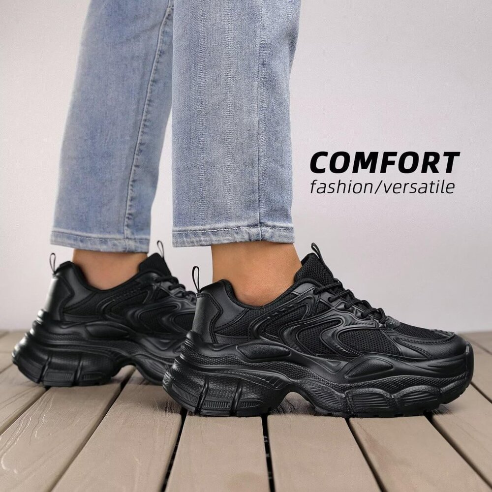 All-Black Women's Chunky Athletic Sneakers - Picture 7 of 7